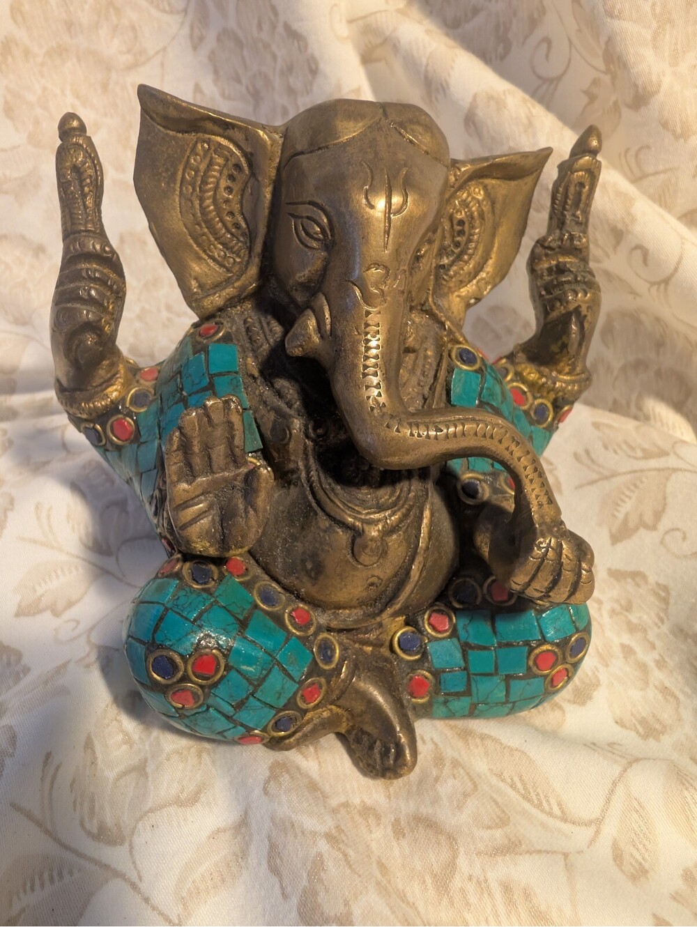 Handcrafted Brass and Turquoise tile Ganesha Statue Figurine